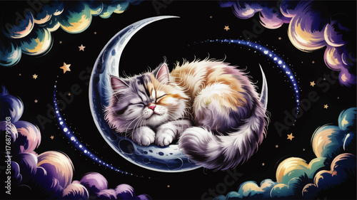 Cute Fluffy Cat Sleeping on Crescent Moon in Dreamy Night Sky, Fantasy Clouds and Stars, Whimsical Animal Illustration Art