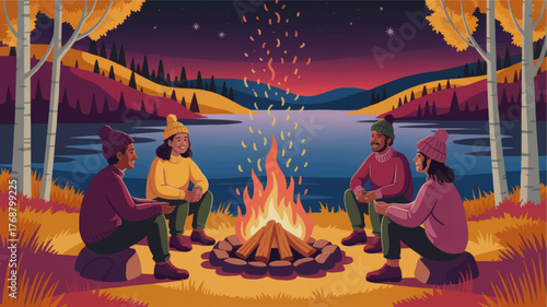 Friends Enjoying Campfire by Lake in Autumn Forest Under Starry Sky – Cozy Outdoor Fall Night Gathering Illustration
