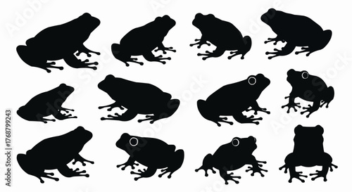 Silhouette pattern showing multiple frogs in various poses against a white background design element