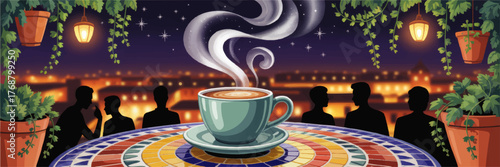 Cozy Rooftop Cafe Night Scene with Steaming Coffee Cup, Silhouette People, Hanging Plants, and City Lights Illustration