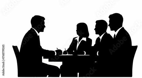 Silhouette of four business people sitting at a table in a meeting or conference room discussion setting