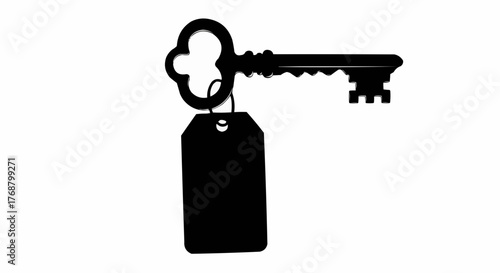 Silhouette of an ornate key with a clover shaped head and a blank tag hanging from the key ring loop