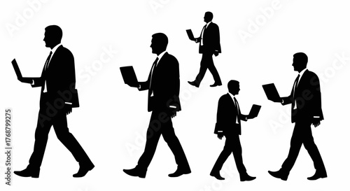 Silhouettes of business people walking and holding laptops against a white background in a professional setting