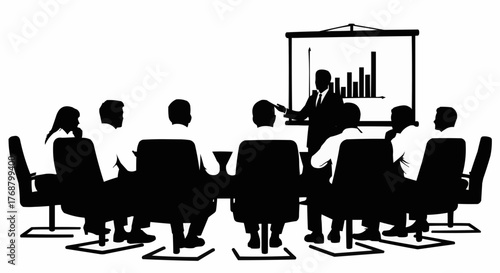 Silhouette of a business presentation with a presenter and audience in a meeting room setting shown