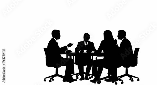 Silhouette of four business people in a meeting around a table with a cup of coffee on it in black
