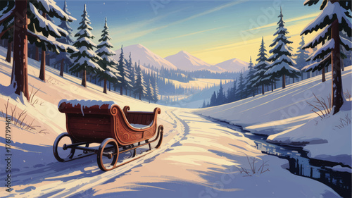 Scenic Winter Landscape with Vintage Wooden Sleigh, Snow-Covered Pines, Stream, and Sunset in Mountain Valley