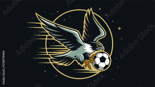 Dynamic Falcon Mascot Flying with Soccer Ball - Modern Sports Team Logo, Night Sky, Vector Illustration
