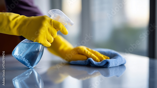 Wallpaper Mural Person cleaning table in bright modern room, detail of yellow gloves and blue cleaning cloth, hand holding spray bottle, sparkling surface reflecting light, professional cleaning c Torontodigital.ca