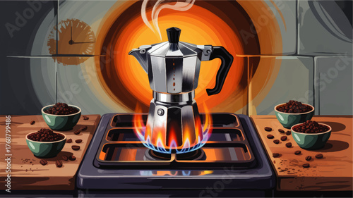 Moka Pot on Gas Stove with Coffee Beans and Bowls – Cozy Kitchen Morning, Steaming Espresso, Vector Illustration