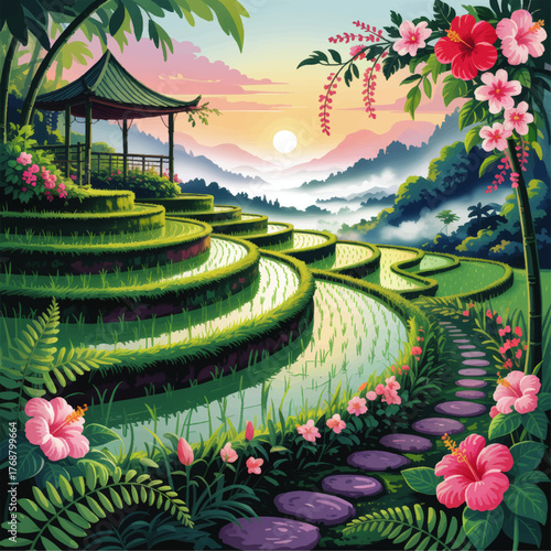 Serene Asian Rice Terrace Landscape at Sunrise with Blossoming Hibiscus Flowers, Lush Greenery, and Tranquil Pavilion Illustration