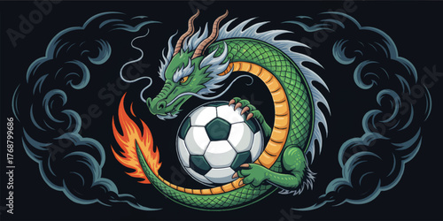 Fierce Green Dragon Holding Soccer Ball with Flames and Smoke on Black Background – Mythical Sports Mascot Vector Illustration
