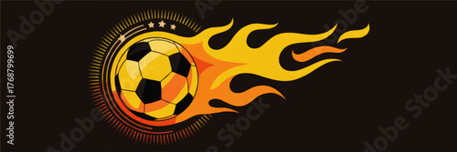 Dynamic Flaming Soccer Ball Illustration on Black Background – Fiery Sports Concept, Modern Football Banner Design