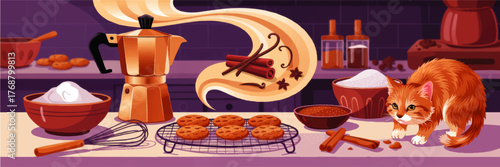Cozy Kitchen Scene with Adorable Cat, Freshly Baked Cookies, Coffee Pot, Cinnamon Spices, and Baking Ingredients Illustration