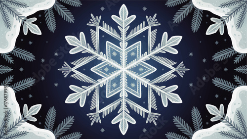 Elegant Winter Snowflake Vector Illustration with Frosty Pine Branches and Dark Blue Gradient Background for Holiday Designs