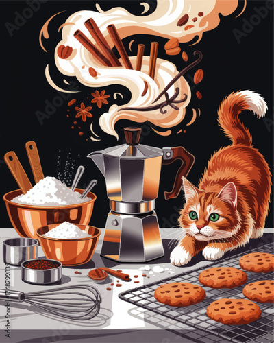 Cozy Kitchen Scene with Curious Cat, Coffee Maker, Baking Ingredients, Fresh Cookies, and Warm Spice Aromas on Black Background