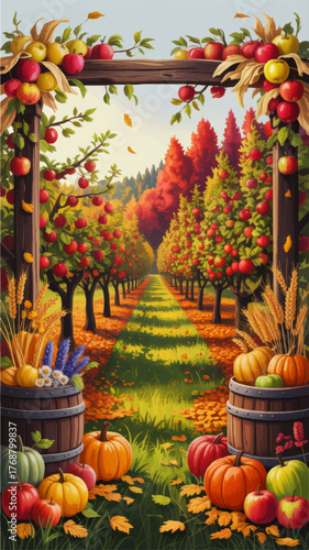 Vibrant Autumn Apple Orchard With Pumpkins, Harvest Decor, and Colorful Foliage in Scenic Fall Landscape Illustration