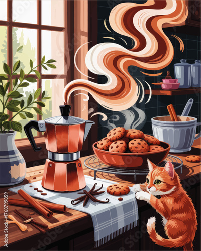 Cozy Kitchen Morning with Cute Cat, Steaming Coffee, Cinnamon, Chocolate Chip Cookies, and Sunlight – Warm Home Illustration