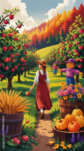 Autumn Orchard Harvest Scene with Woman Picking Apples, Colorful Pumpkins, Flowers, Wheat, and Vibrant Fall Foliage