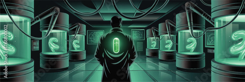 Futuristic Science Laboratory with Neon Green Cloning Pods and Scientist in High-Tech Genetic Engineering Facility