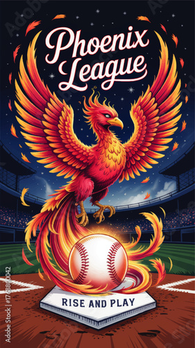 Vibrant Phoenix Baseball Team Mascot Illustration in Stadium – Dynamic Sports League Branding, Fiery Rise and Play Slogan