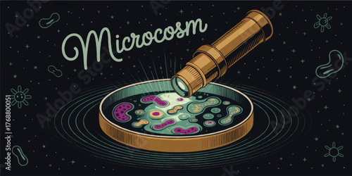 Vintage Style Microcosm Illustration with Microscope and Petri Dish, Colorful Microbes and Bacteria, Science Education Concept