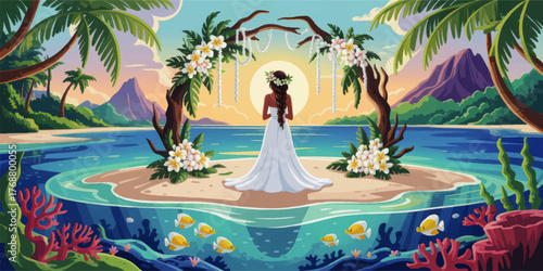 Tropical Island Wedding Illustration – Bride on Beach at Sunset, Floral Arch, Palm Trees, Ocean Underwater Scene, Paradise Landscape