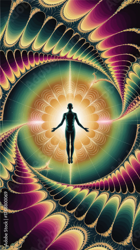 Surreal Human Silhouette Ascending Amid Vibrant Fractal Patterns and Radiant Light, Spiritual Awakening Abstract Art