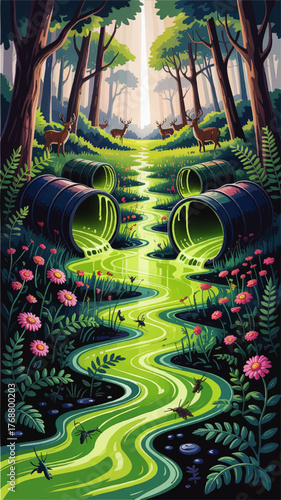 Toxic Waste Polluting Forest Stream with Deer and Wildflowers – Environmental Disaster Concept, Vibrant Vector Illustration