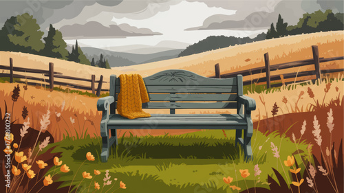 Serene Countryside Landscape with Blue Wooden Bench and Cozy Blanket in Autumn Field, Rustic Nature Illustration