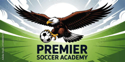 Bold Eagle Mascot Holding Soccer Ball on Green Field | Dynamic Sports Academy Logo Design for Youth Team Branding