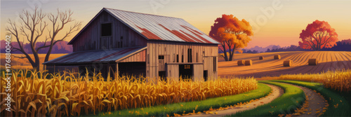 Rustic Barn in Autumn Countryside With Cornfields, Colorful Trees, and Hay Bales at Sunset | Rural Farm Landscape Illustration