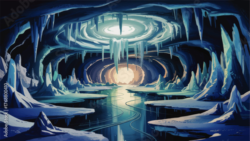 Surreal Ice Cave with Stalactites, Frozen Lake, and Glowing Light – Fantasy Winter Landscape Illustration