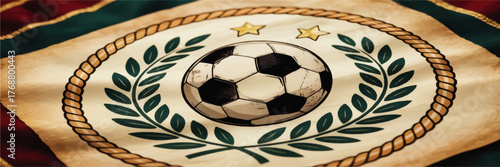 Soccer Emblem on Vintage Banner, Laurel Wreath and Stars, Football Club Badge Illustration, Championship Icon, Sport Decorative Flag