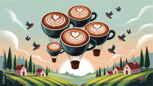 Whimsical Latte Art Hot Air Balloon Cups Flying Over Sunrise Countryside Landscape with Birds – Surreal Coffee Illustration