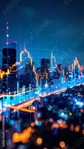 Abstract futuristic city skyline financial stock data overlaid with glowing digital network visualization.