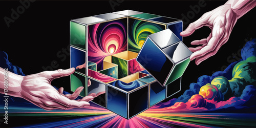 Surreal Hands Manipulating Futuristic Cube with Vortex Art, Neon Colors, Cosmic Energy, and Abstract Sci-Fi Background