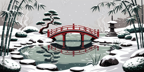 Tranquil Japanese Garden in Winter with Snow, Red Bridge, Bamboo, Stone Lantern, and Serene Pond Reflection – Vector Illustration