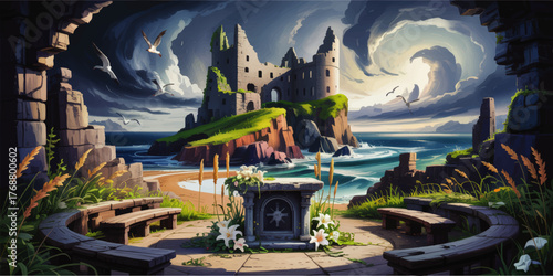 Mystical Coastal Castle Ruins with Stone Altar and Wildflowers at Sunset, Dramatic Sky and Seagulls, Fantasy Landscape Illustration