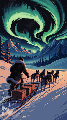 Dog Sled Team in Snowy Mountains Under Vivid Northern Lights Aurora Borealis – Adventure, Winter Wilderness Landscape Illustration
