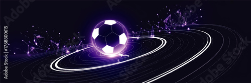 Futuristic Glowing Soccer Ball with Neon Lines and Digital Polygonal Elements on Dark Background – Modern Sports Technology Concept