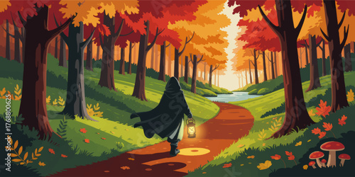 Mysterious Hooded Figure with Lantern Walking Along Autumn Forest Path, Colorful Foliage, Fantasy Adventure Illustration