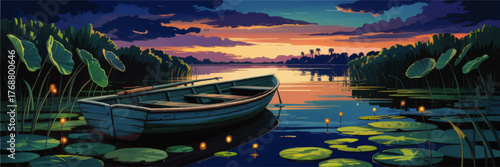 Tranquil Wooden Rowboat on Lake at Sunset, Lush Reeds, Water Lilies, and Fireflies – Vibrant Nature Landscape Illustration