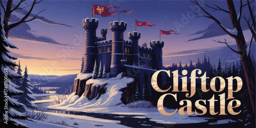 Majestic Winter Clifftop Castle at Sunset, Snowy Landscape, Medieval Fortress with Flags, Fantasy Illustration