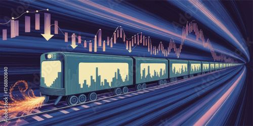 Futuristic Train in High-Speed Tunnel with Data Analytics Graphs, Financial Crisis Concept, Digital Illustration