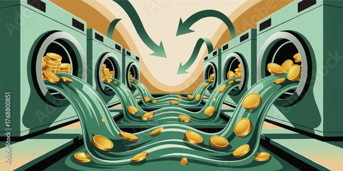 Money Laundering Concept Illustration – Cartoon Washing Machines with Flowing Gold Coins, Financial Crime, Illegal Transactions