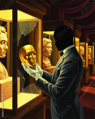 Mysterious Figure Stealing Golden Mask from Museum Display Case, Broken Glass, Dramatic Lighting, Art Heist Concept Illustration
