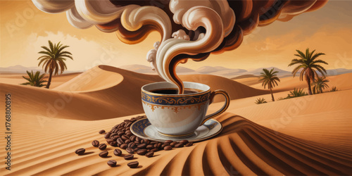 Surreal Coffee Cup in Desert Landscape with Steaming Clouds, Coffee Beans, Palm Trees, and Golden Sand Dunes at Sunrise