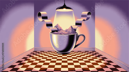 Surreal Checkered Room with Floating Cup, Mountain Landscape, and Curved Film Strips under Dramatic Lighting – Dreamlike Digital Art