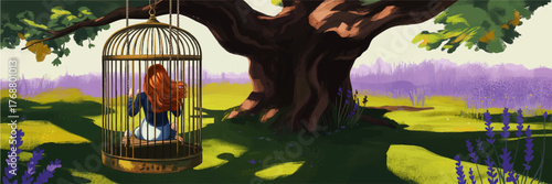 Solitude and Freedom Concept Art – Woman in Birdcage Under Majestic Tree in Vibrant Nature Landscape, Dreamy Illustration