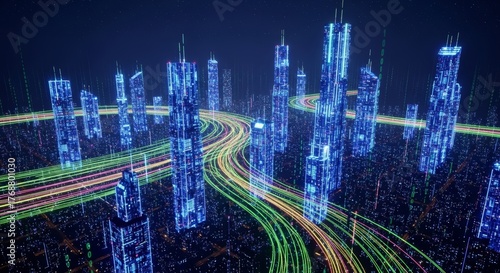 Glowing digital city with streams of data representing technology, connectivity, and the future of urban infrastructure